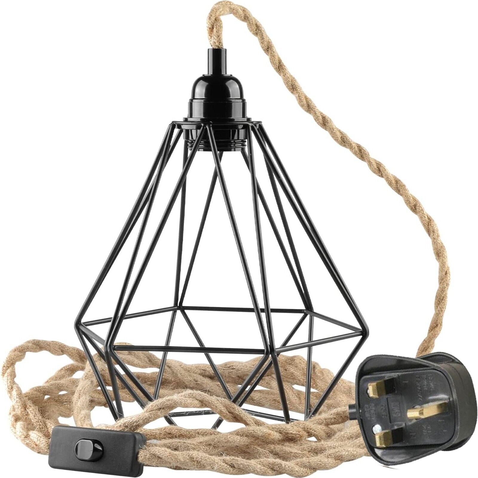 Hemp rope Cable Plug In Light Set E27 Black Cage 