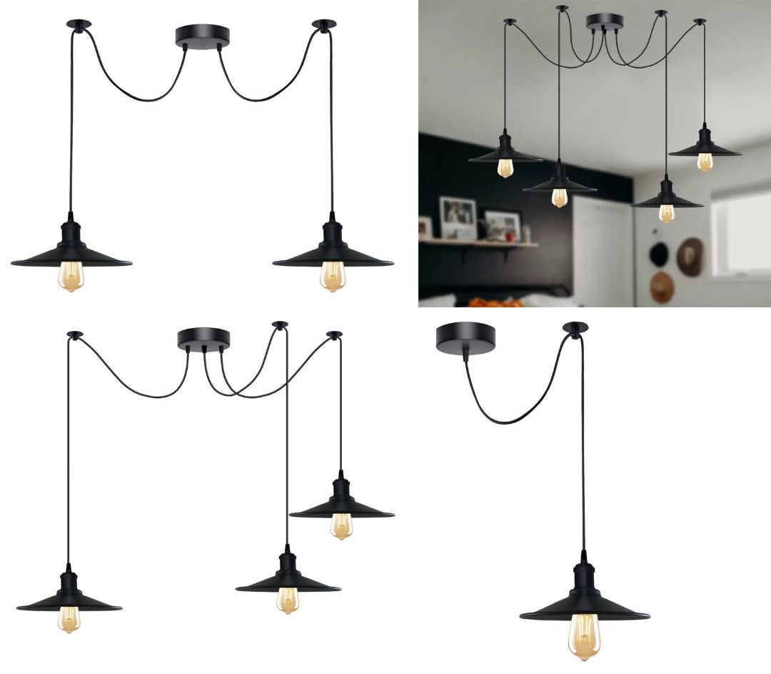 1-5 Way Spider Pendant Light Black Flat Shade Industrial Retro Ceiling Light E27