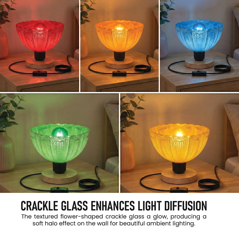 Wooden table lamp for bedroom with E27 bulb fitting and inline switch cable