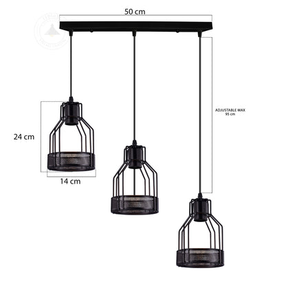 Industrial 3 Way Industrial Cage Rectangle Pendant Light - Size Image