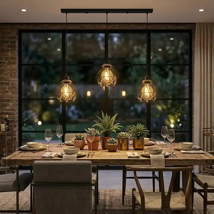 vintage industrial 3 head hemp rope pendant light
