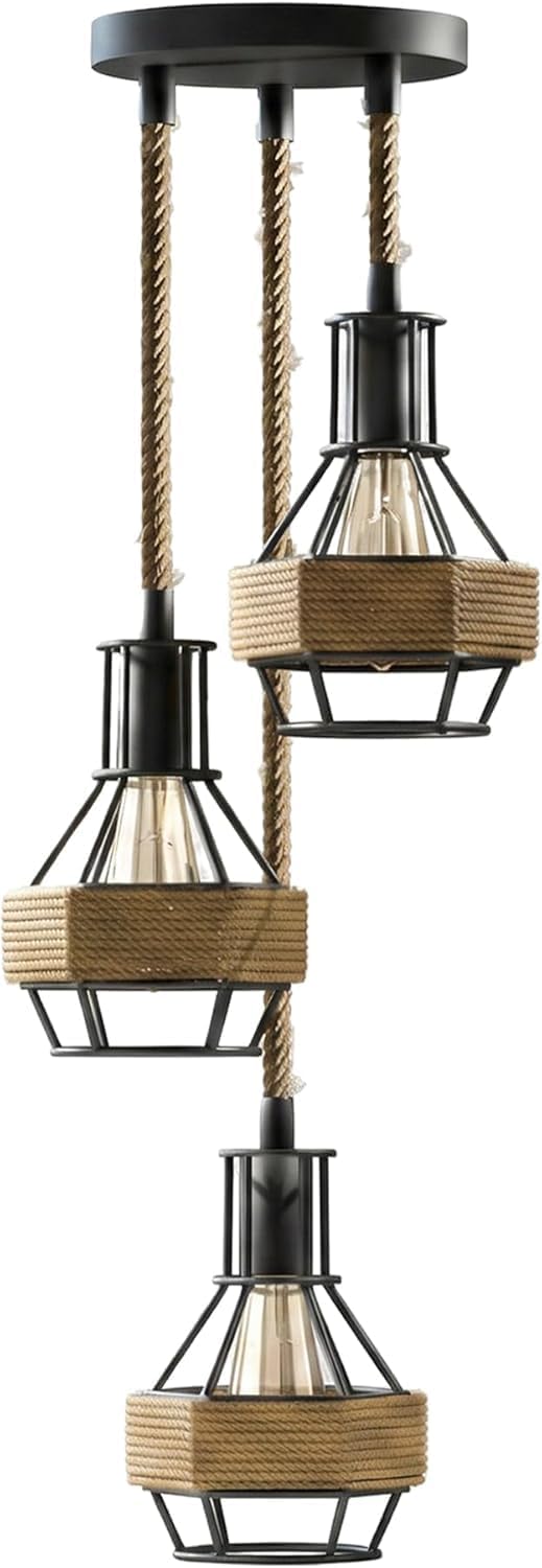 Jute Rope Pendant Light Fitting with Metal Shades~4084