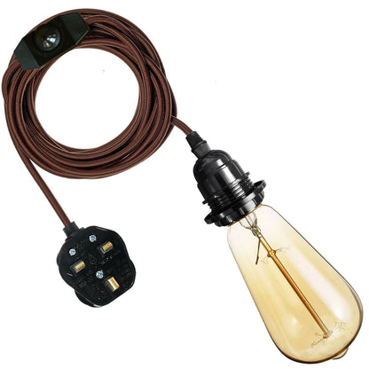 E27 Brown Plug-in Pendant Holder with Fabric Cable Pendant Lamp Bulb Socket