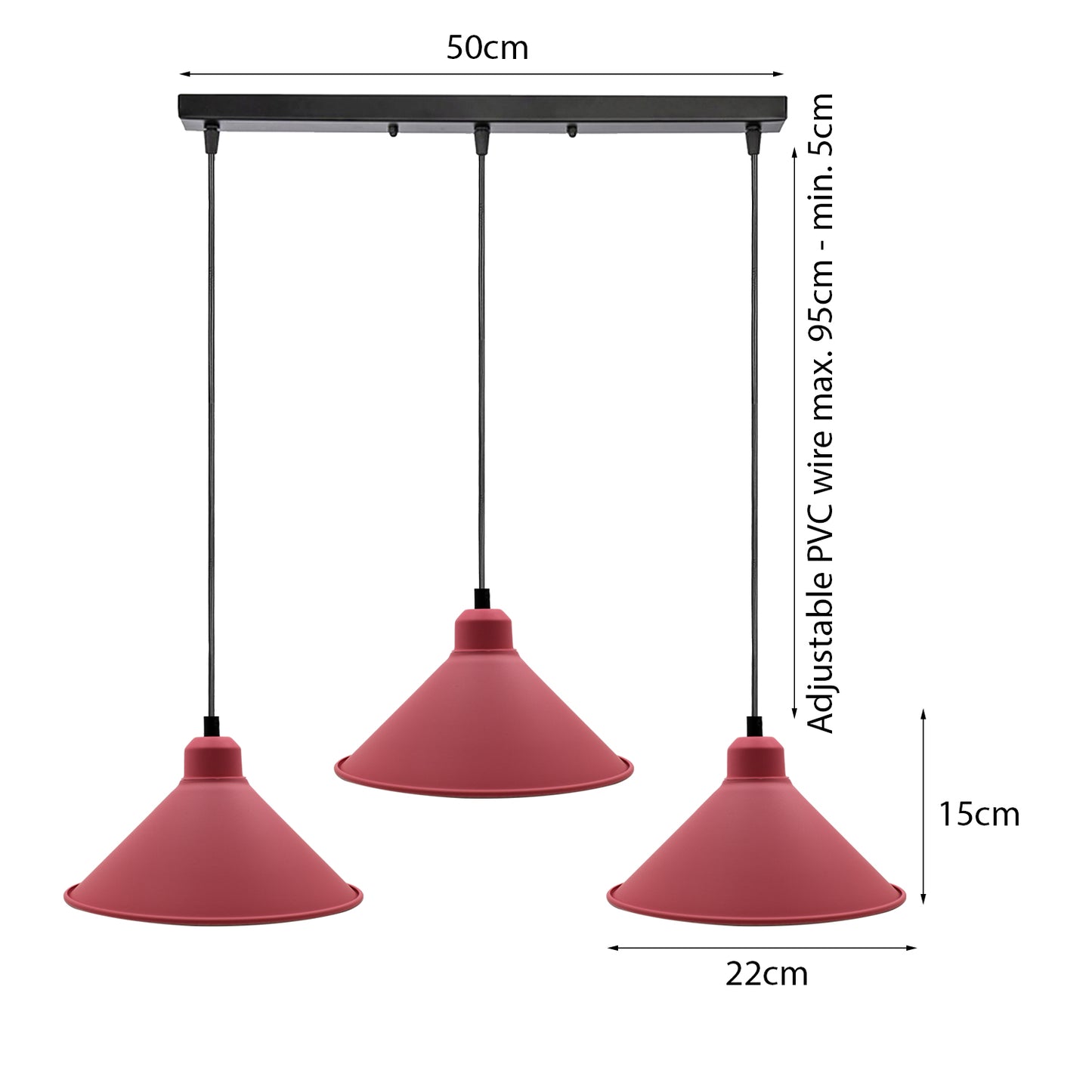 Pink Industrial 3 Head Metal Cone Shade Chandelier Pendant Light-Application Image-Size