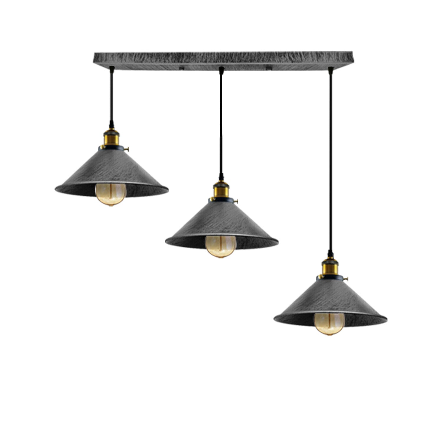 Brushed Brass Industrial 3 Head Metal Cone Shade Pendant Light
