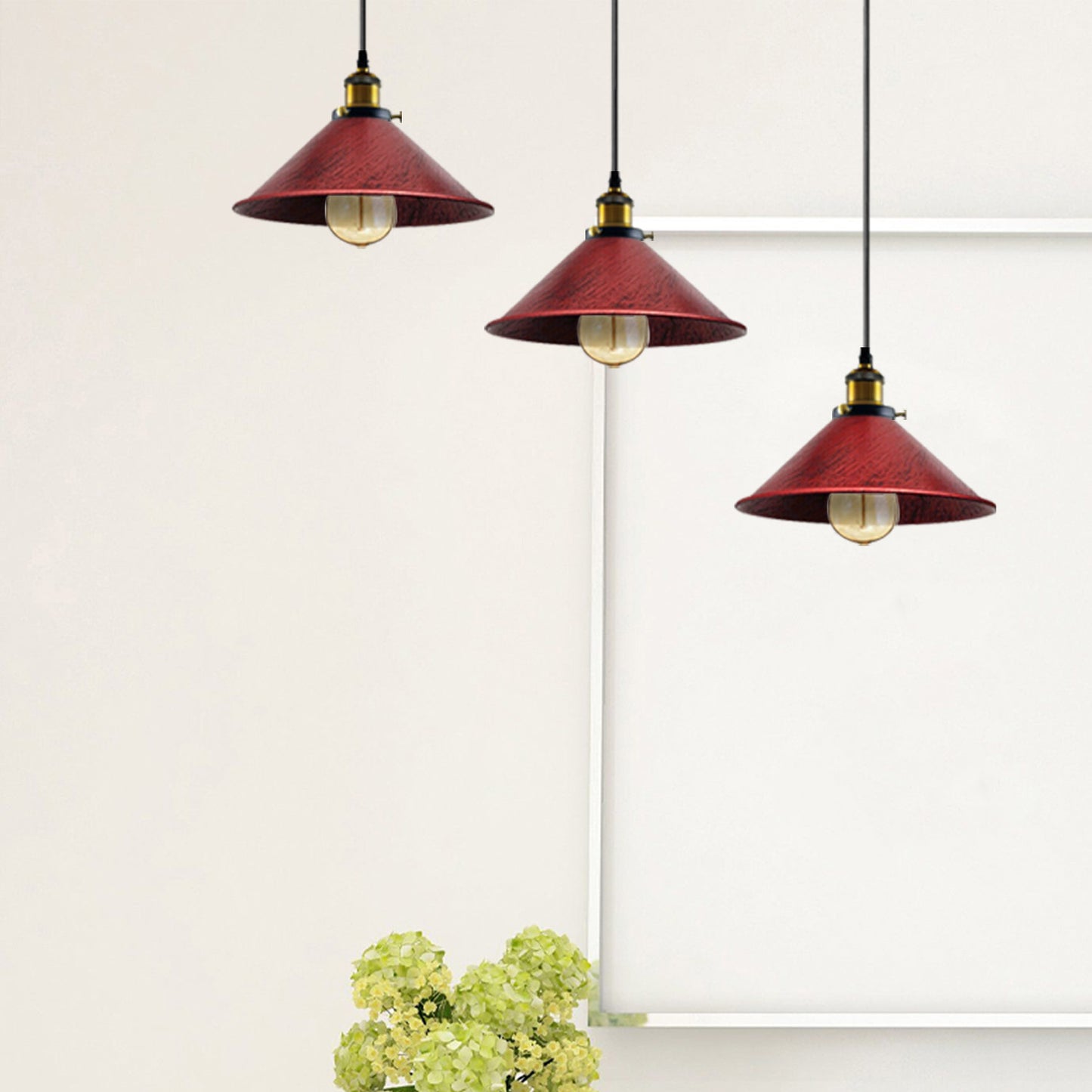Rustic Red Industrial 3 Head Metal Cone Shade Pendant Light-Application image