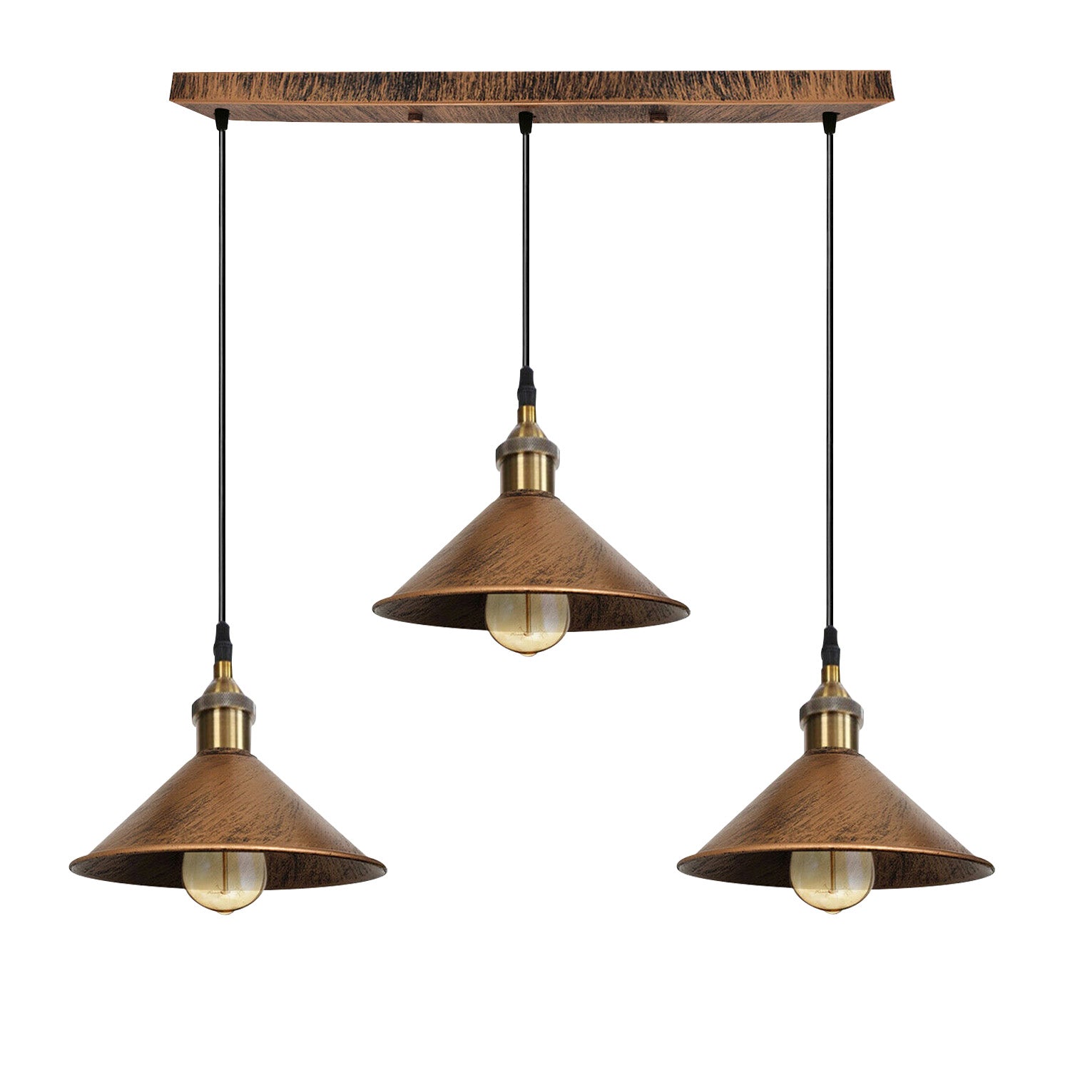 Brushed Copper Industrial 3 Head Metal Cone Shade Pendant Light