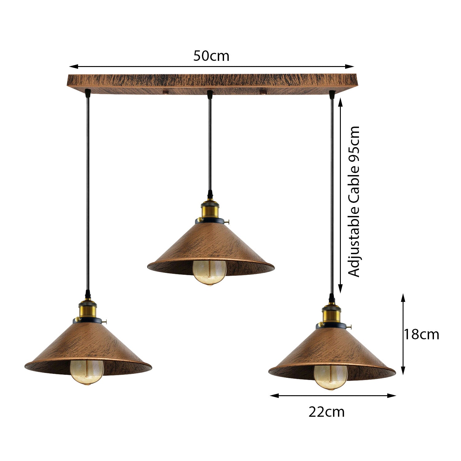 Brushed Copper Industrial 3 Head Metal Cone Shade Pendant Light-Size Image