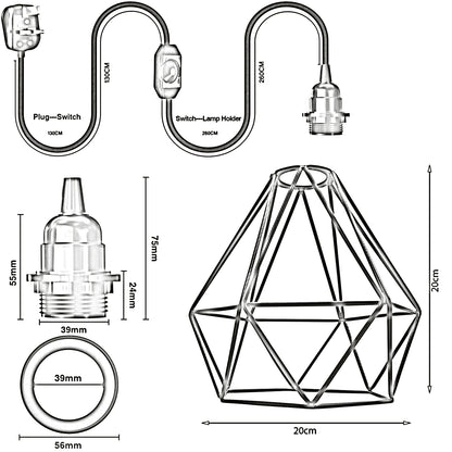 Black Diamond Shade 4m Fabric Flex Cable Plug in Pendant Lamp- Size Image