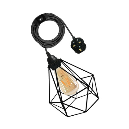 Diamond Metal Shade 4m Fabric Flex Cable Plug in Pendant Lamp