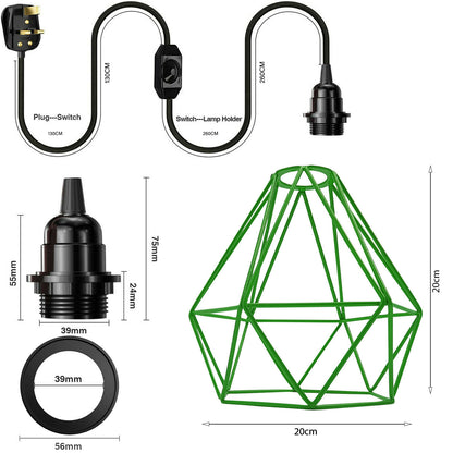 Green Diamond Shade 4m Fabric Flex Cable Plug in Pendant Lamp- Size Image