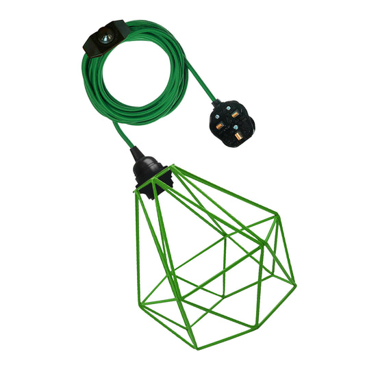 Green Diamond Shade 4m Fabric Flex Cable Plug in Pendant Lamp