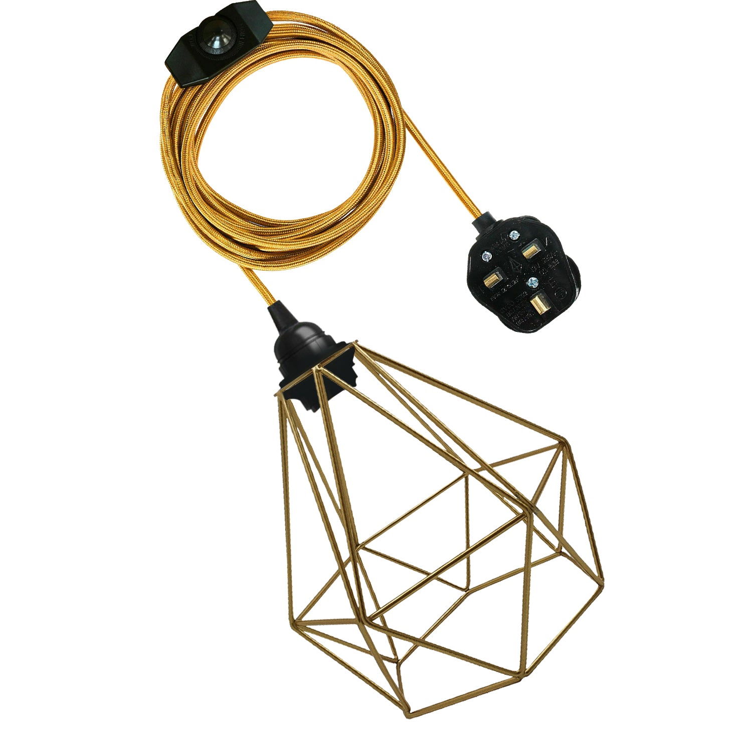 Gold Diamond Shade 4m Fabric Flex Cable Plug in Pendant Lamp