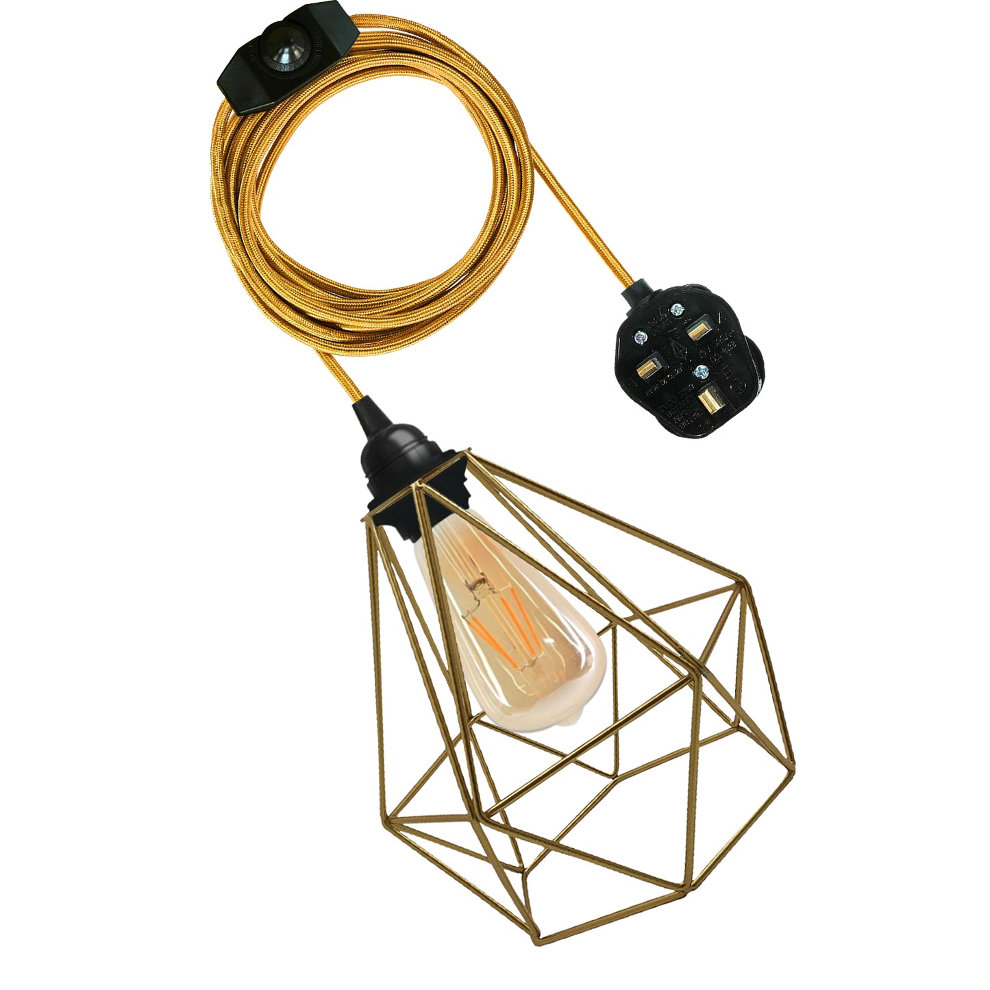 Gold Diamond Shade 4m Fabric Flex Cable Plug in Pendant Lamp