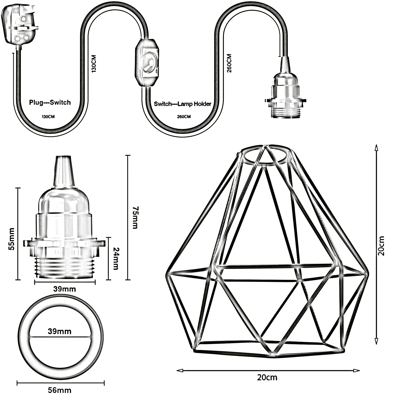Yellow Diamond Shade 4m Fabric Flex Cable Plug in Pendant Lamp-Size Image