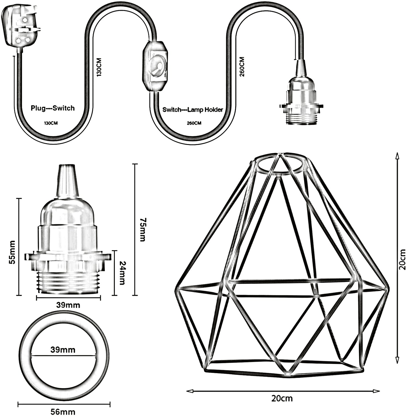 White Diamond Shade 4m Fabric Flex Cable Plug in Pendant Lamp-Size Image