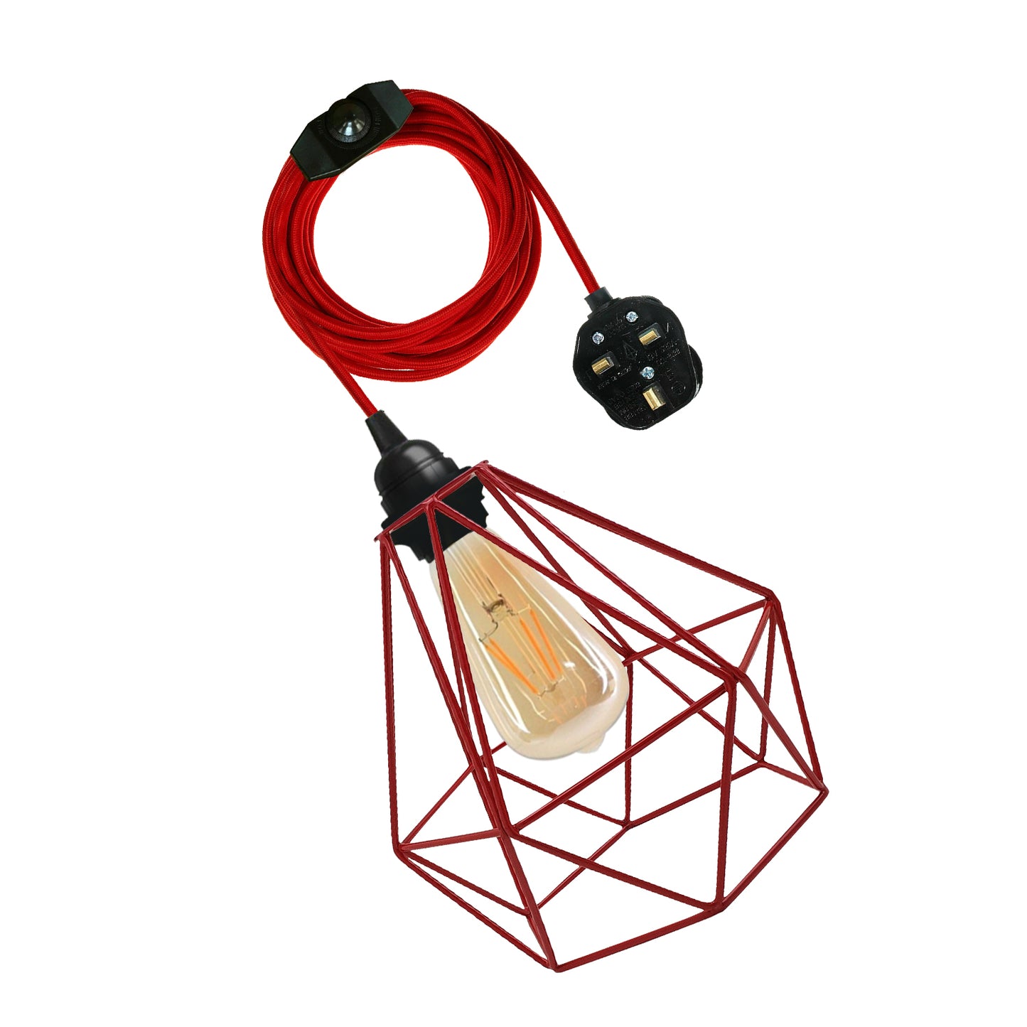 Red Diamond Shade 4m Fabric Flex Cable Plug in Pendant Lamp