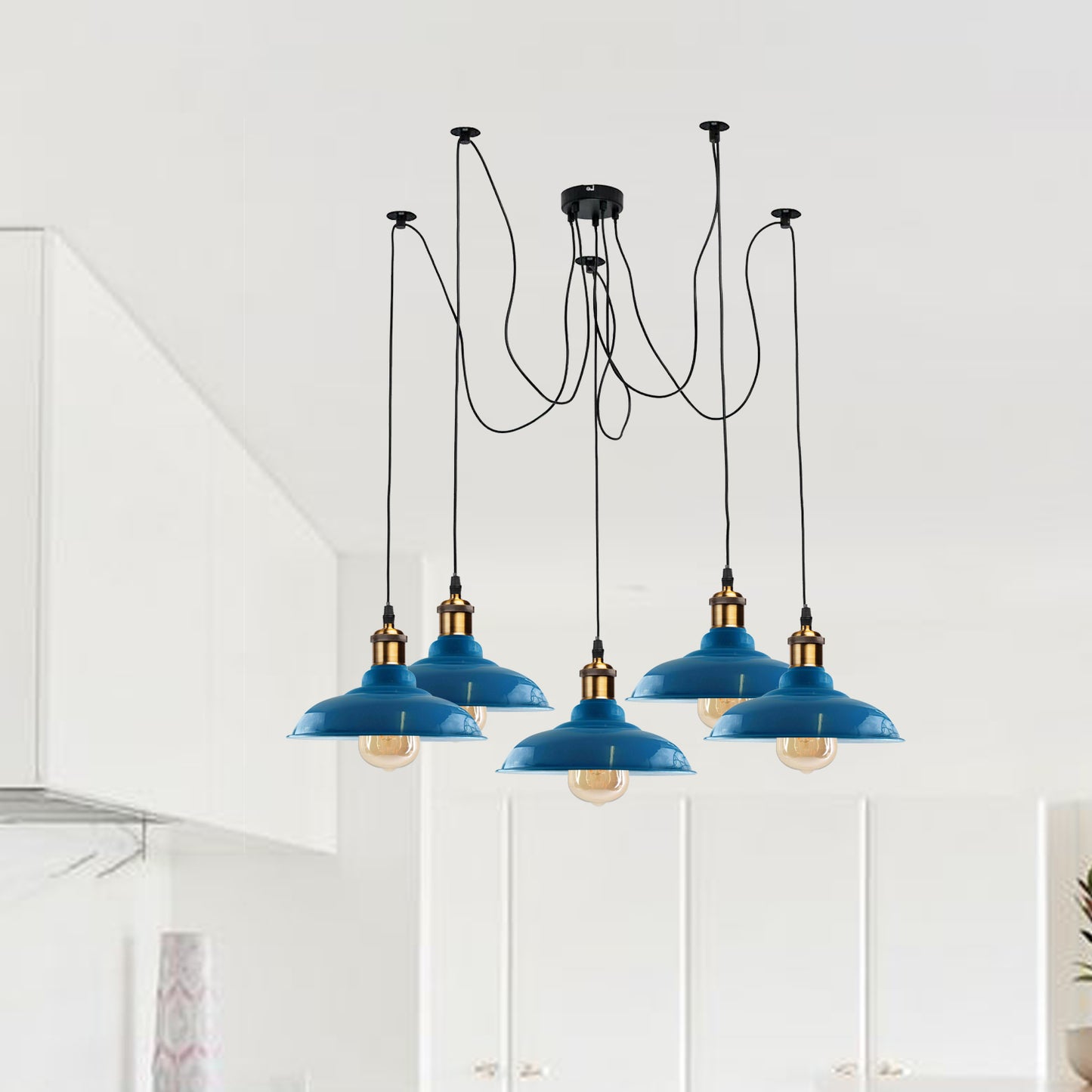 5 Way Vintage Chandelier Spider Ceiling Indoor Lamp Fixture Metal Curvy Shade Light Blue~2214