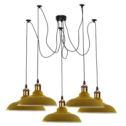 Vintage Yellow 5-Light Chandelier with Metal Curvy Shades~2210