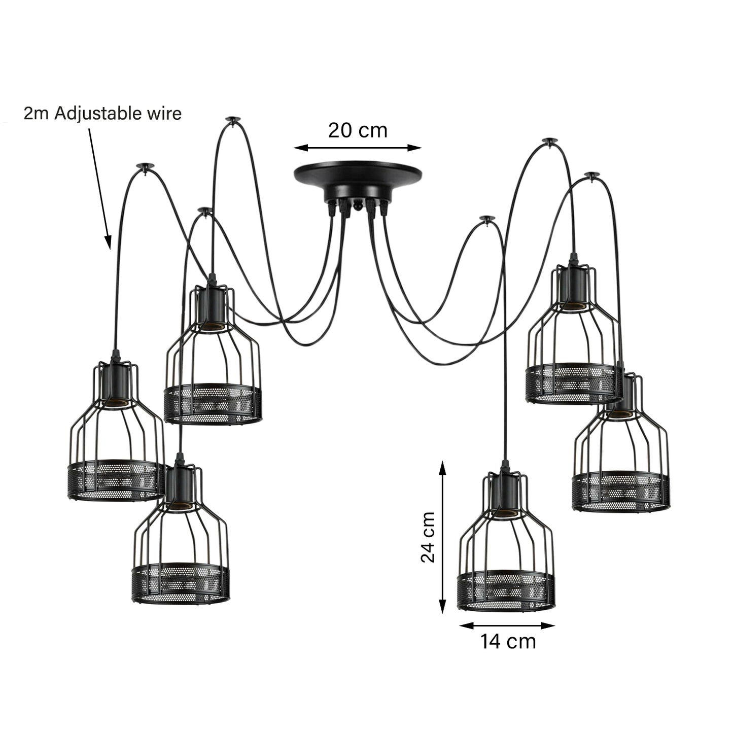 Retro 6Way Black Metal Cage Lamp Spider Cluster Pendant Light -Size Image