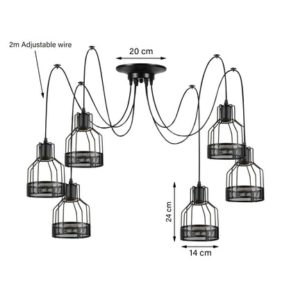 Retro 6Way Black Metal Cage Lamp Spider Cluster Pendant Light -Size image