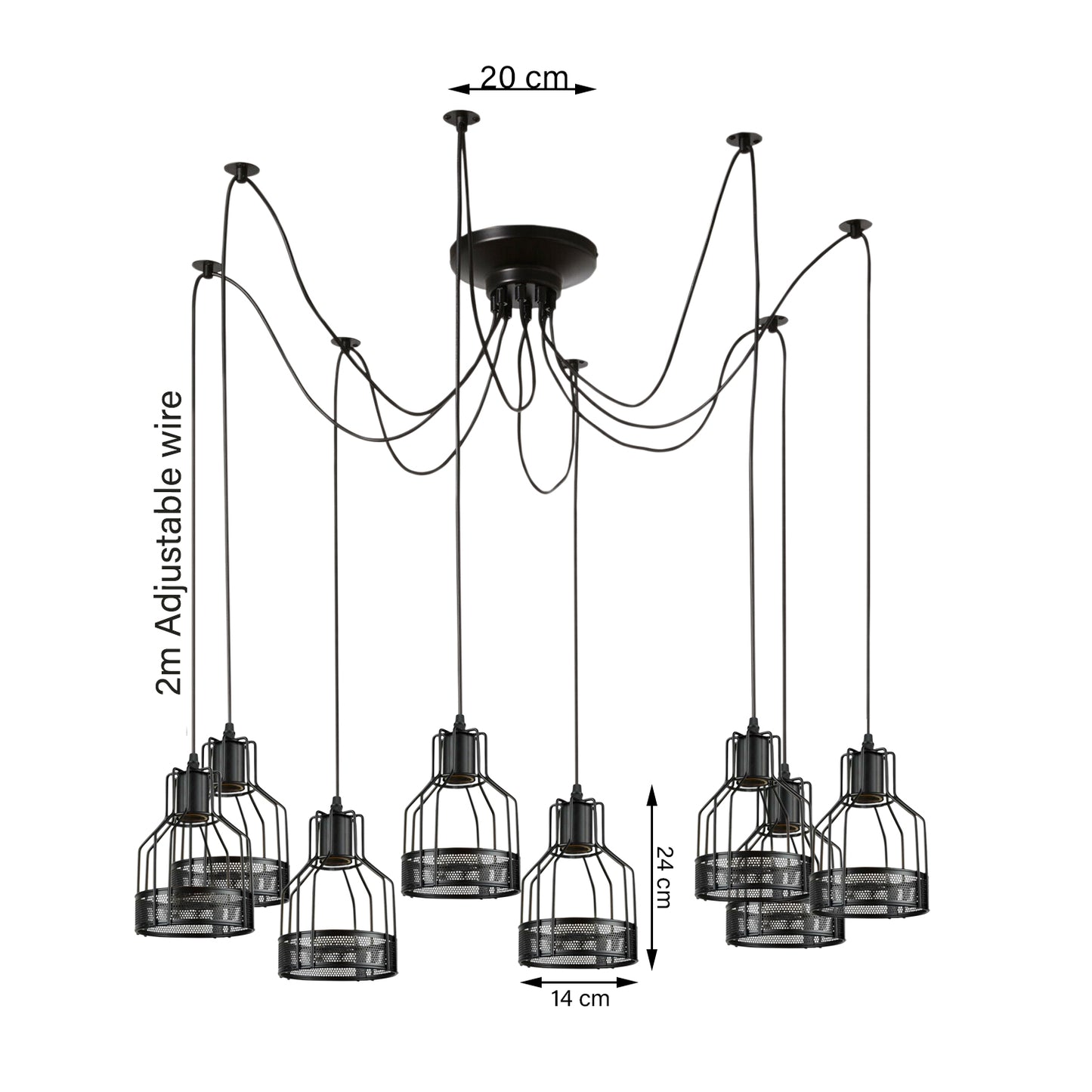8Way Retro Black Metal Cage Lamp Spider Cluster Pendant Light-Size Image