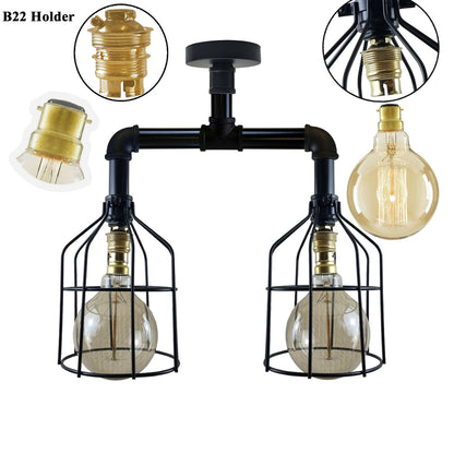 Industrial B22 Vintage Ceiling Lights Metal Pipe Retro Loft Ceiling and Cage Lamps~2633