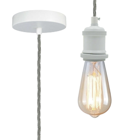 White Vintage Metal Ceiling Light Fitting Grey Twisted Braided Flex 2m E27 Lamp Holder Suspended Pendant Light Fitting Kit for Indoor Lightings