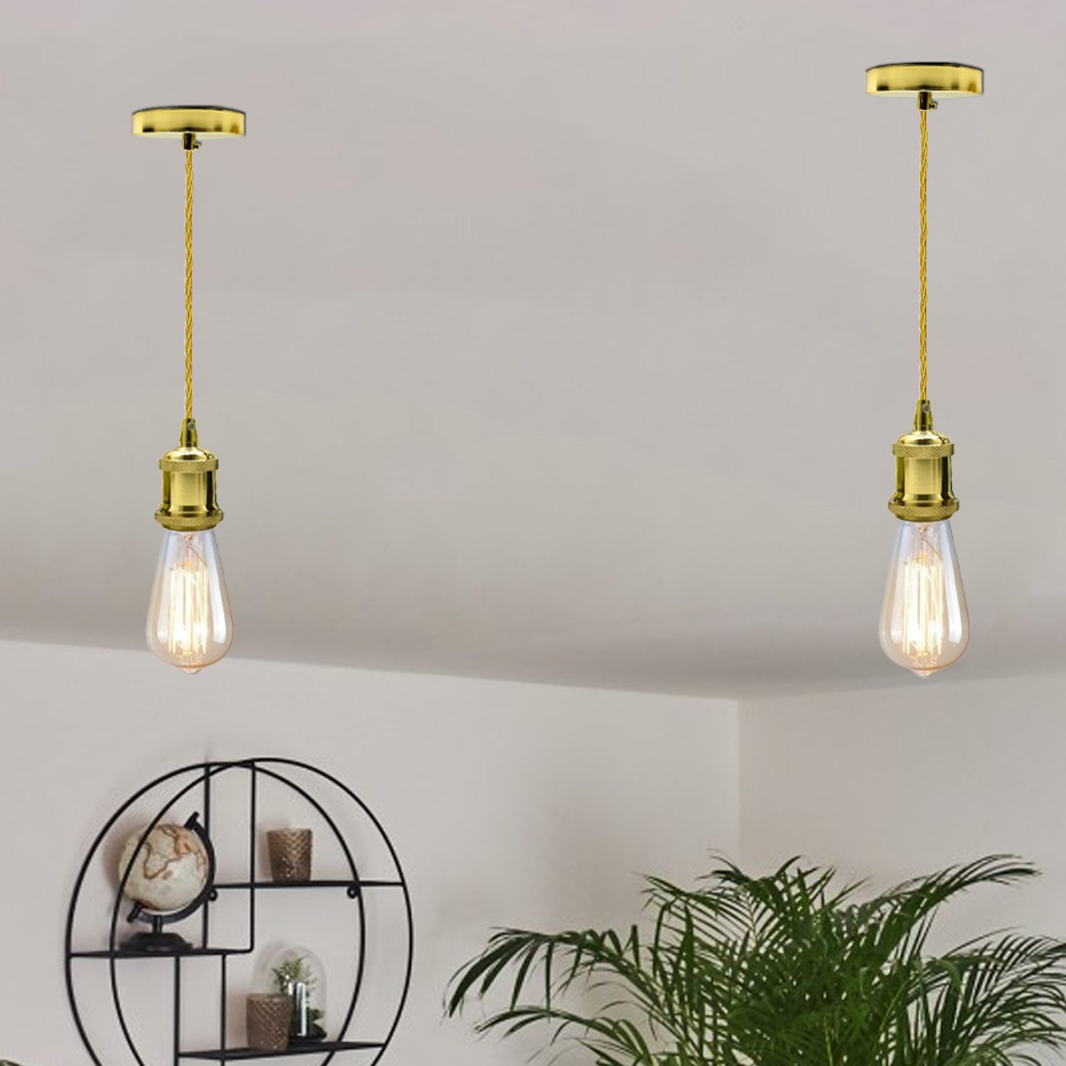 French Gold Vintage Metal Ceiling Light Fitting Gold Twisted Braided Flex 2m E27 Lamp Holder Suspended Pendant Light Fitting Kit for Indoor Lightings