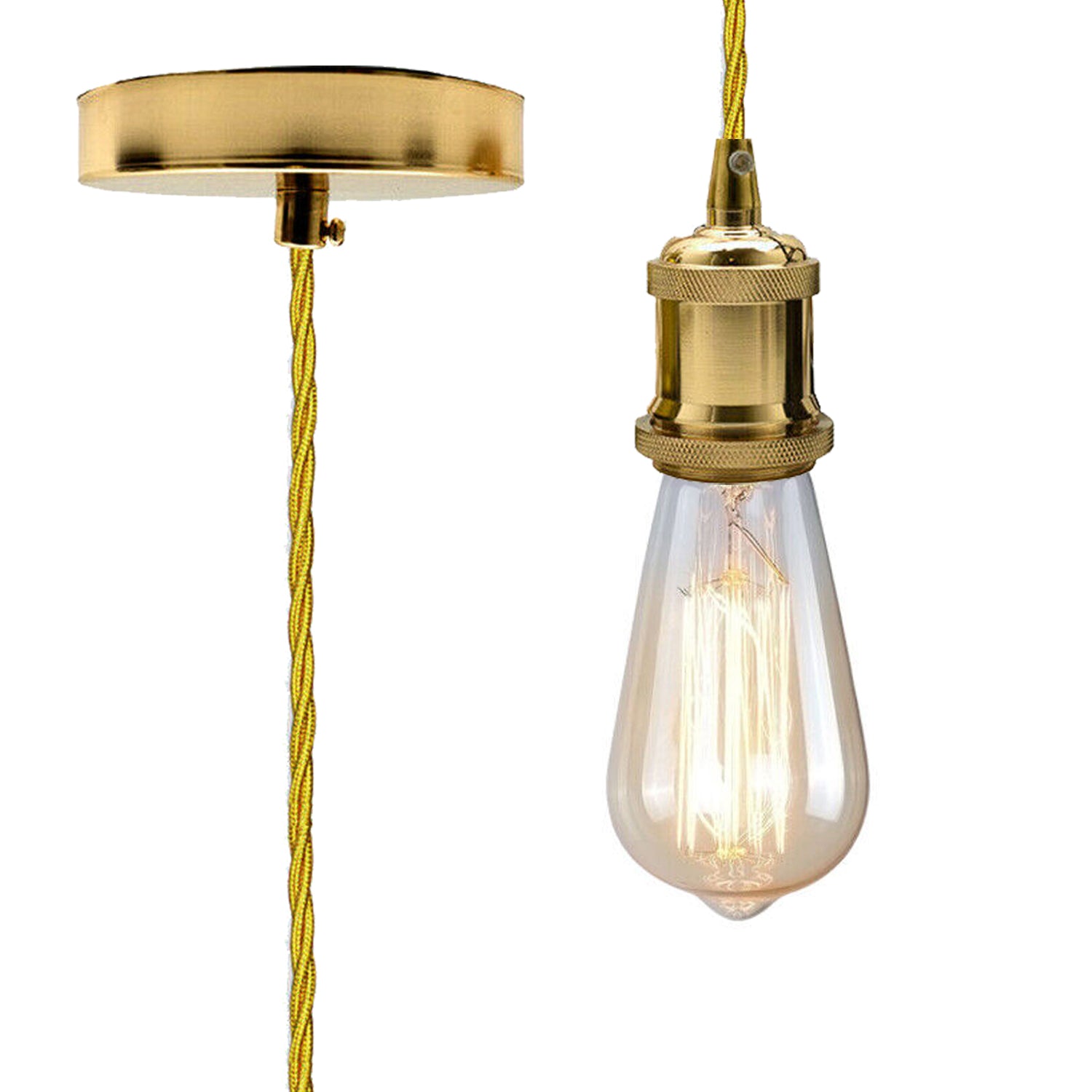 French Gold Vintage Metal Ceiling Light Fitting Gold Twisted Braided Flex 2m E27 Lamp Holder Suspended Pendant Light Fitting Kit for Indoor Lightings