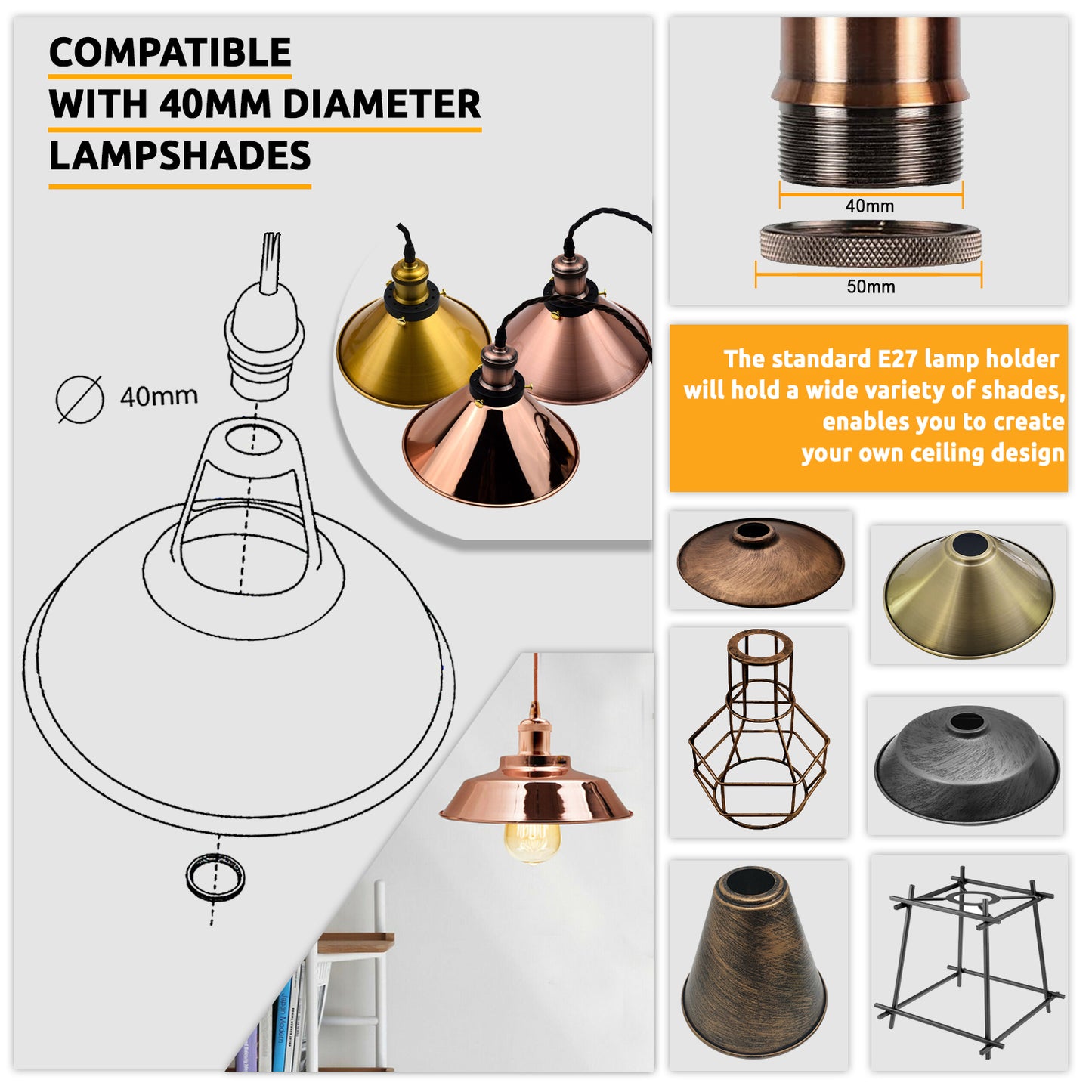 Vintage Copper Metal 2m E27 ceiling pendant Light lamp holder