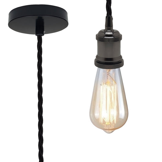 Shiny Black Vintage Metal Ceiling Light Fitting Black Twisted Braided Flex 2m E27 Lamp Holder Suspended Pendant Light Fitting Kit for Indoor Lightings