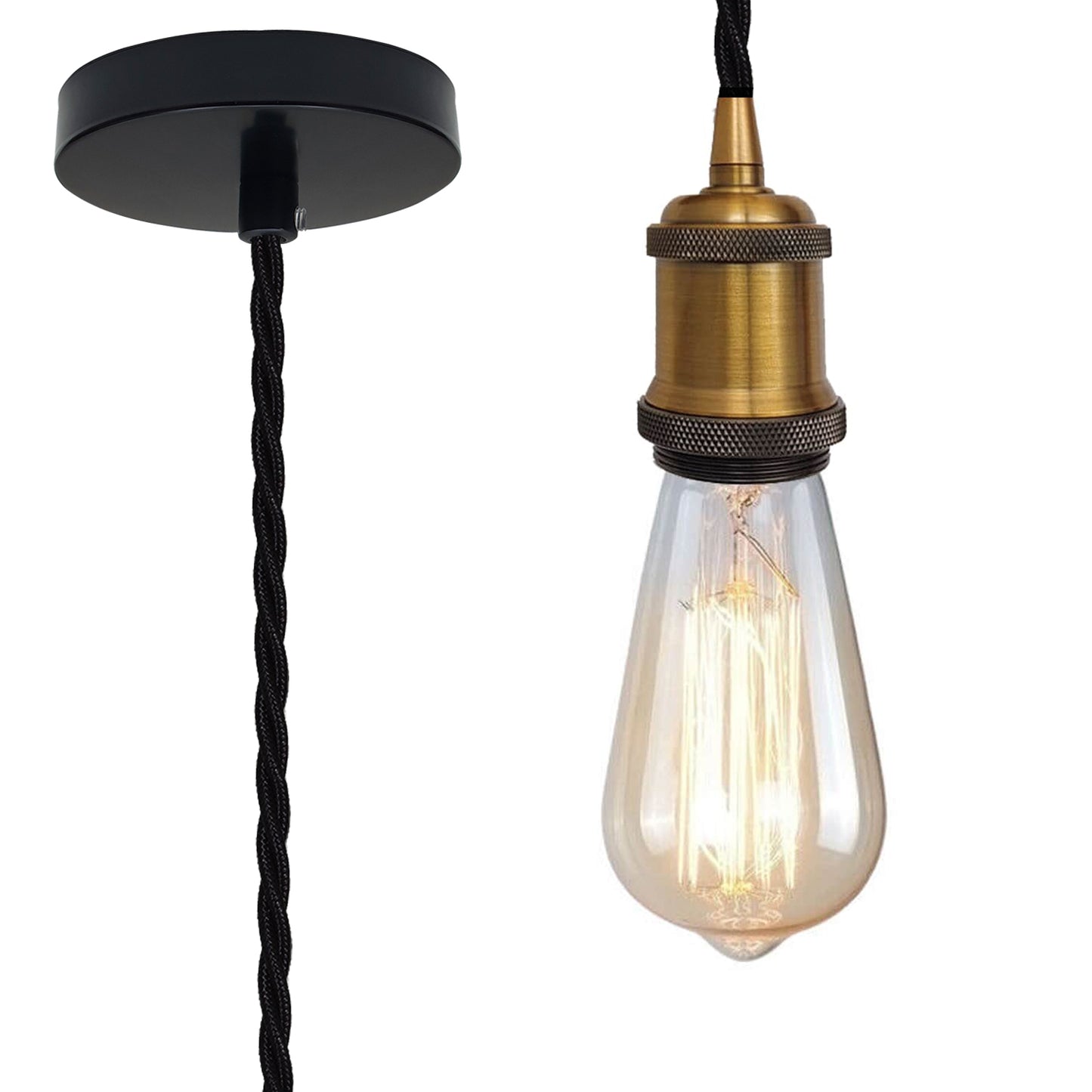 Yellow Brass Vintage Metal Ceiling Light Fitting Black Twisted Braided Flex 2m E27 Lamp Holder Suspended Pendant Light Fitting Kit for Indoor Lightings