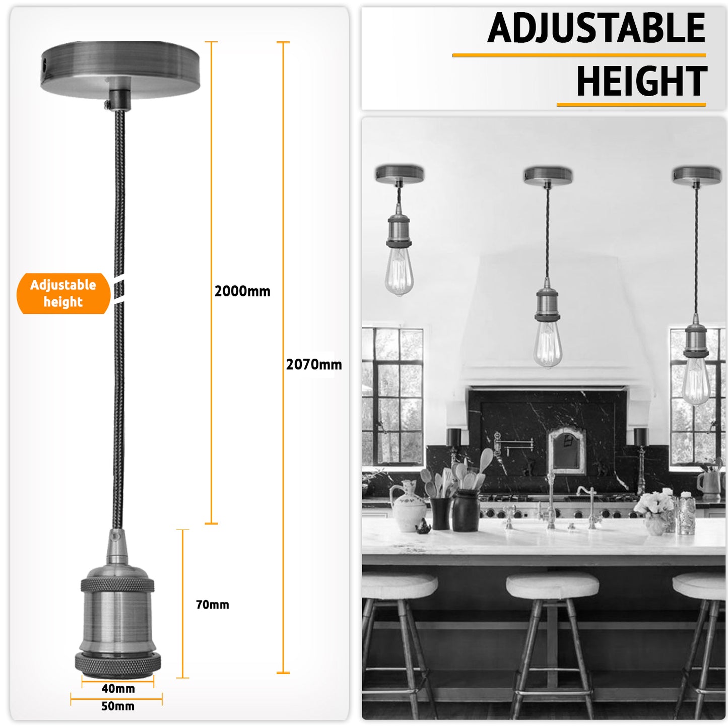 White Vintage Metal Ceiling Light Fitting Black &White Round Braided Flex 2m E27 Lamp Holder Suspended Pendant Light Fitting Kit for Indoor Lightings