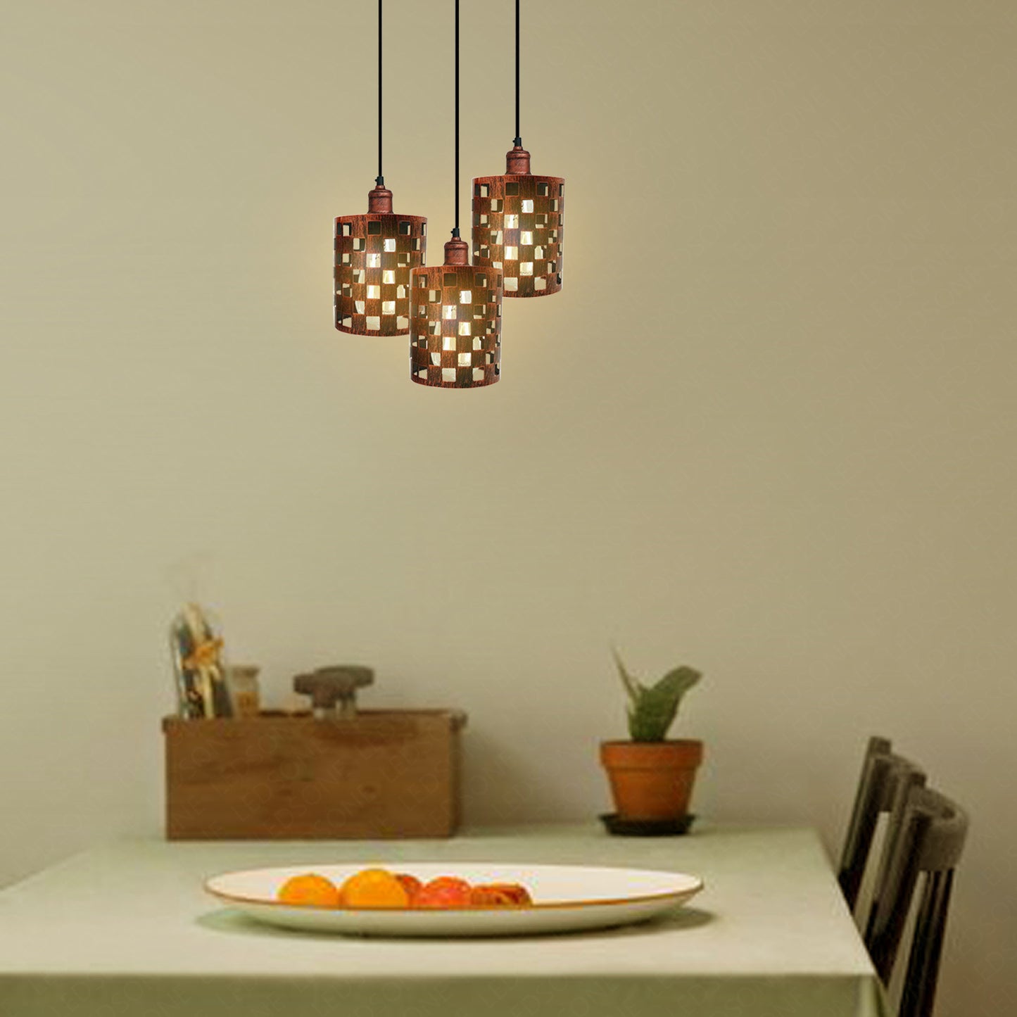 Industrial Vintage Retro 3 Way Drum Rustic Red Cage Pendant Light-application image