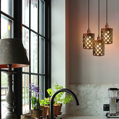 Industrial Vintage Retro 3 Way Drum Rustic Red Cage Pendant Light-application Image