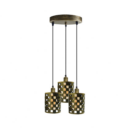 Industrial Retro 3 Way Drum Brushed Brass Cage Pendant Light