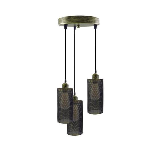Industrial Retro 3 Way Drum Brushed Brass Cage Pendant Light