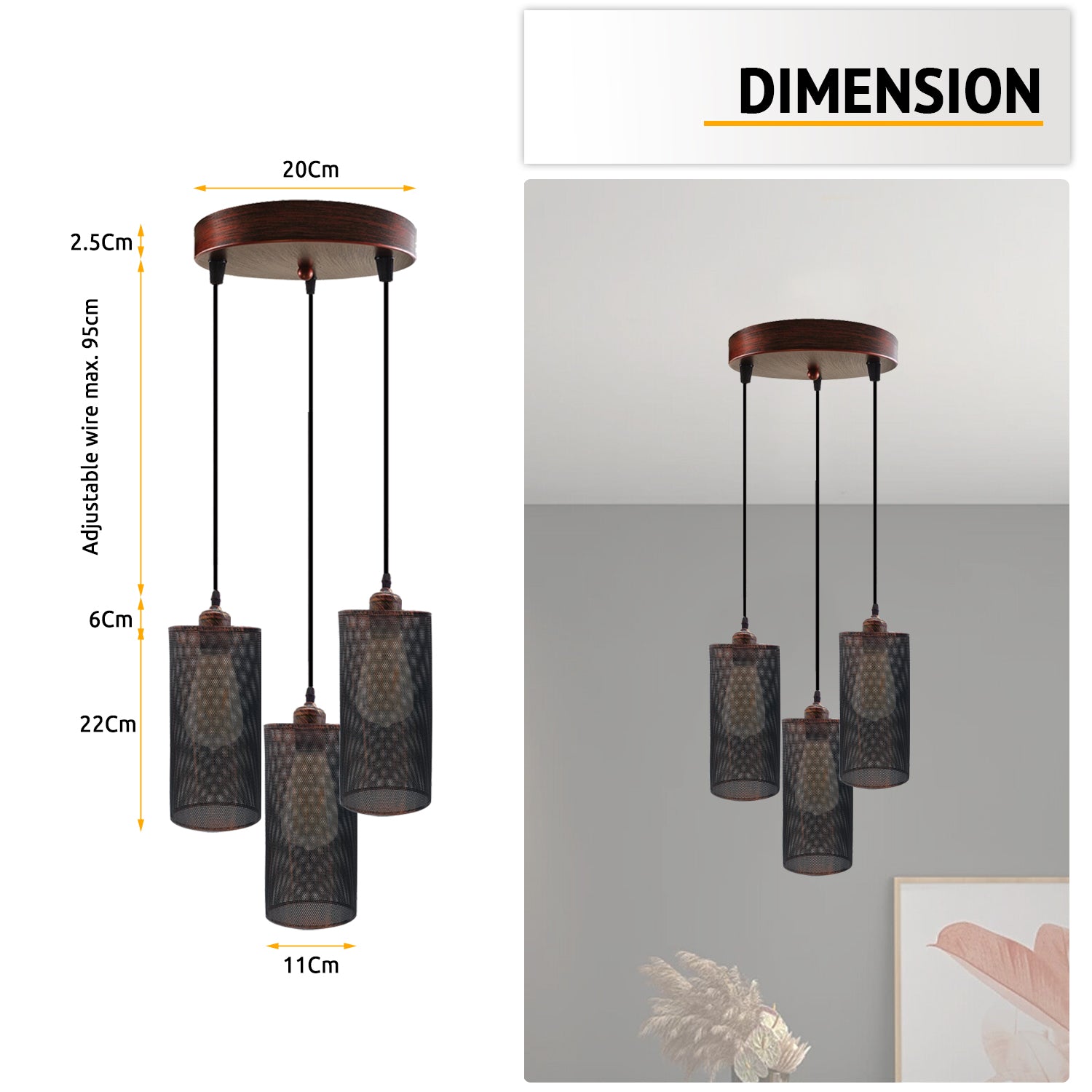 Industrial Retro 3 Way Drum Rustic Red Cage Pendant Light-Size Image