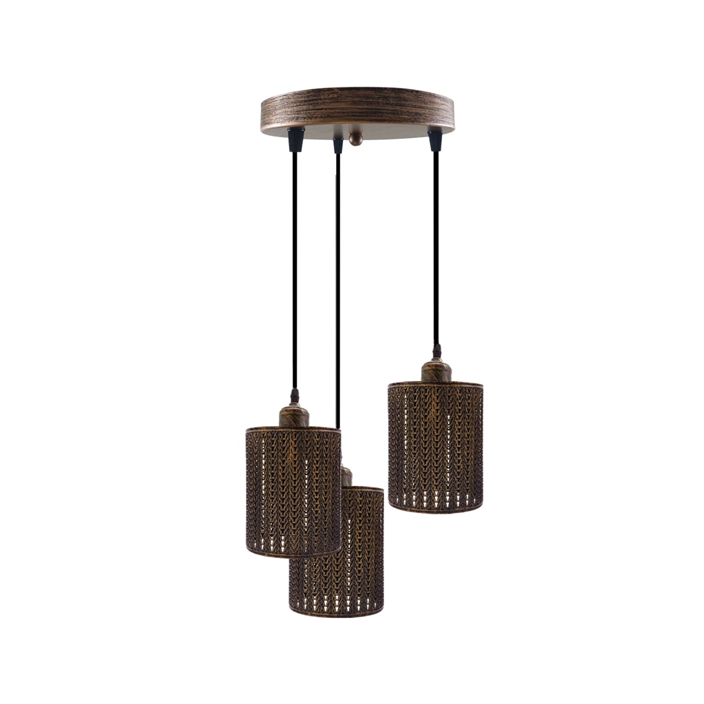 Industrial Drum Brushed Copper Metal 3 Way Pendant Cage Light