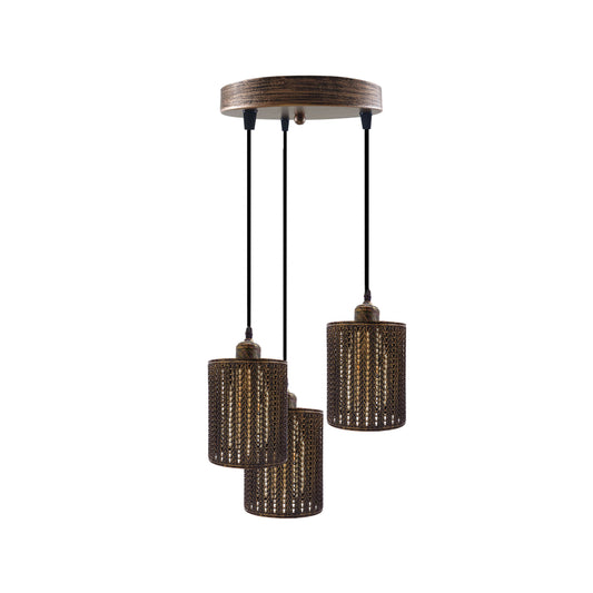 Industrial Drum Brushed Copper Metal 3 Way Pendant Cage Light
