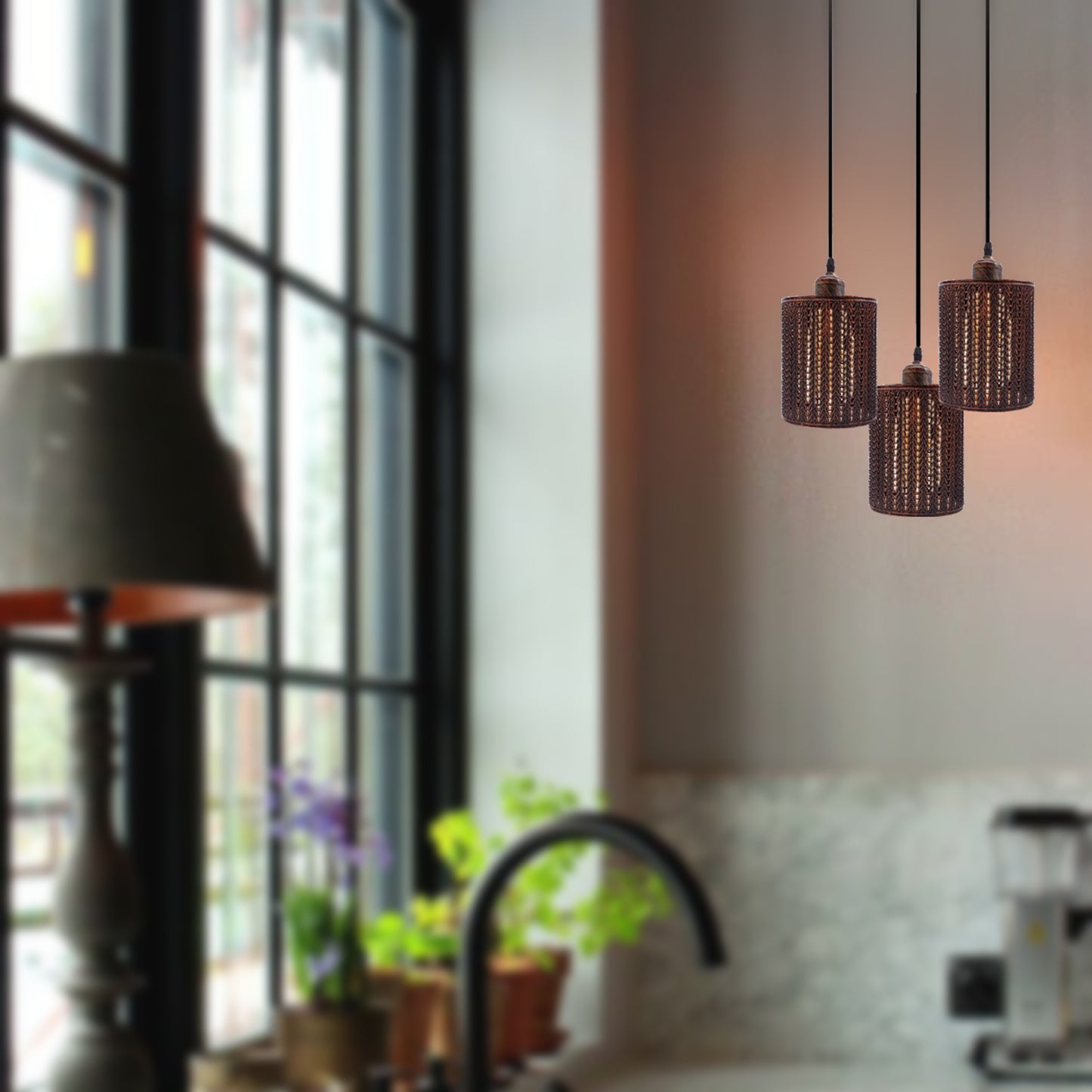 Industrial Vintage 3 Way Rustic Red Drum Cage Pendant Light-Application image