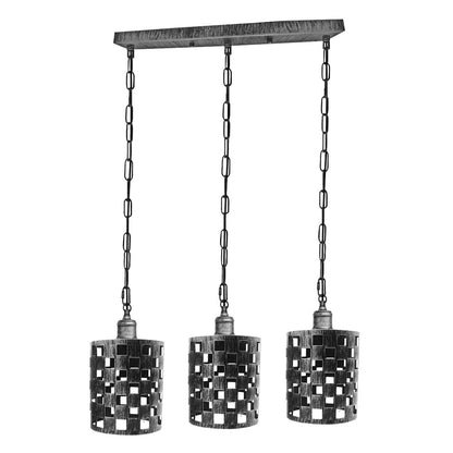Industrial Drum Brushed Silver Metal 3 Way Pendant Cage Light