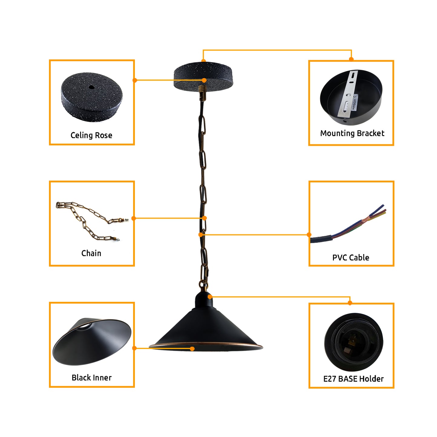 Vintage Metal Black Cone shaped pendant light fitting with chain 