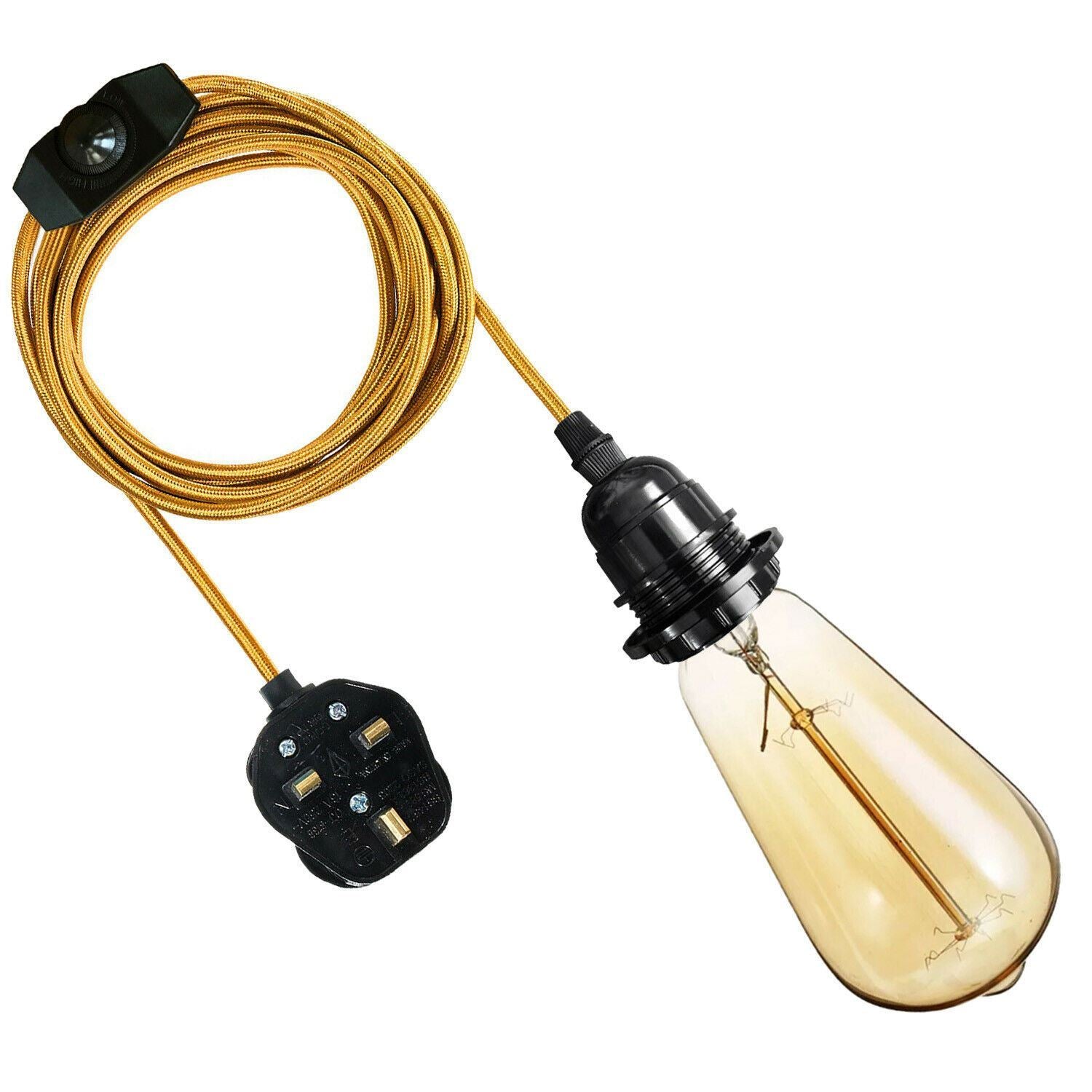 E27 2M Gold Fabric Lighting Cable Plug in Lamp Bulb Holder Set Fitting