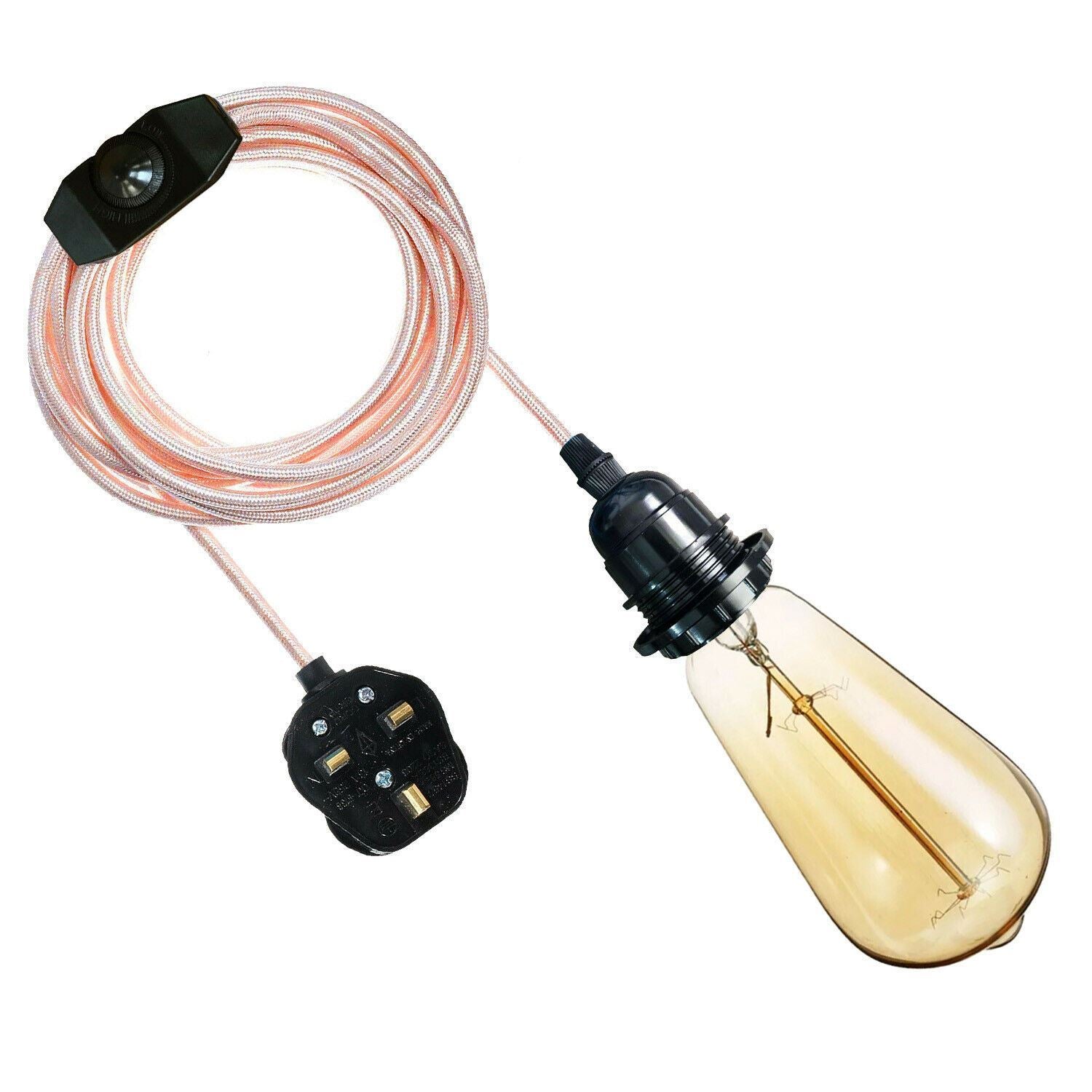 E27 2M Rose Gold Fabric Lighting Cable Plug in Lamp Bulb Holder Set Fitting