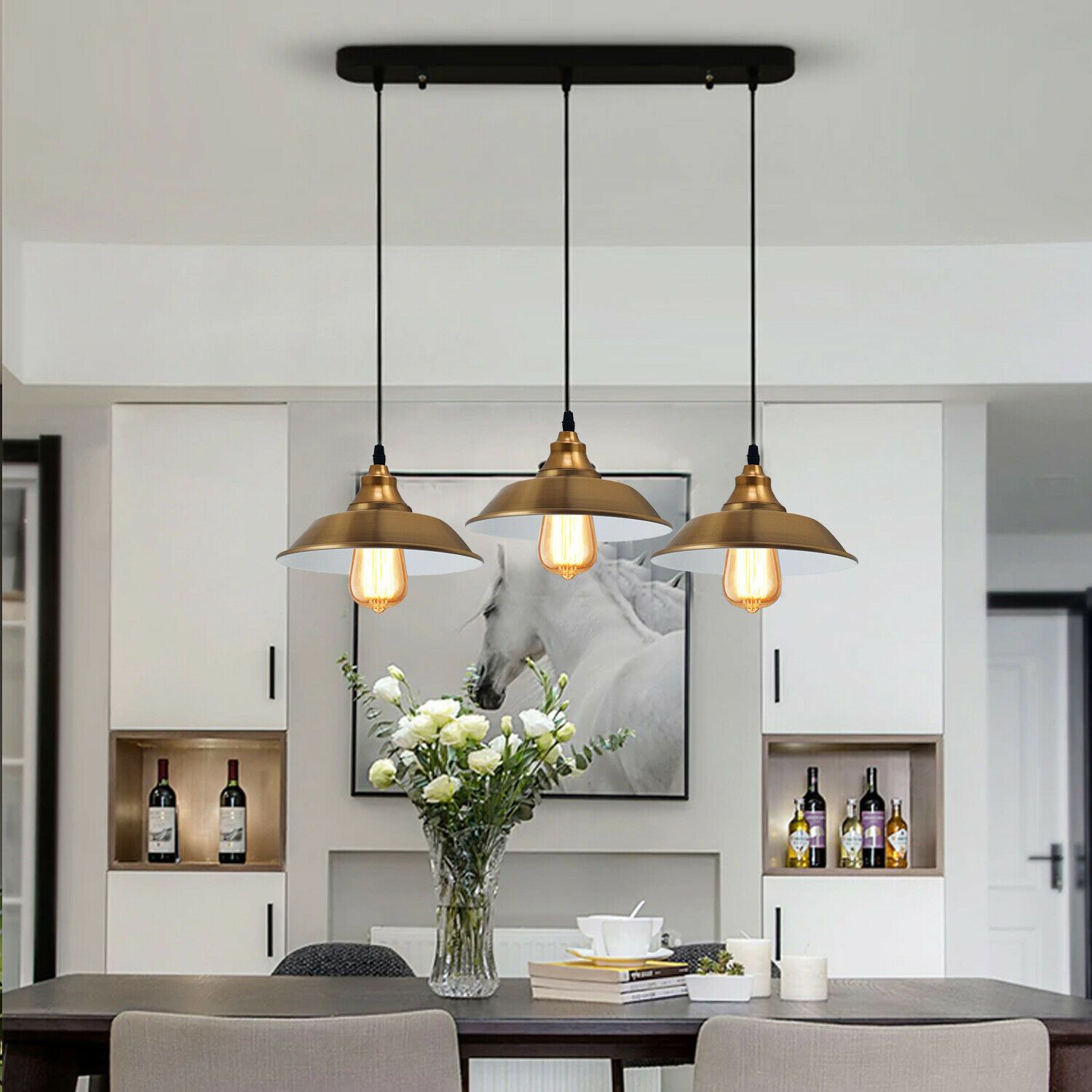 Yellow Brass Modern 3 Way Outlet Ceiling Rose Pendant Lights-Application Image