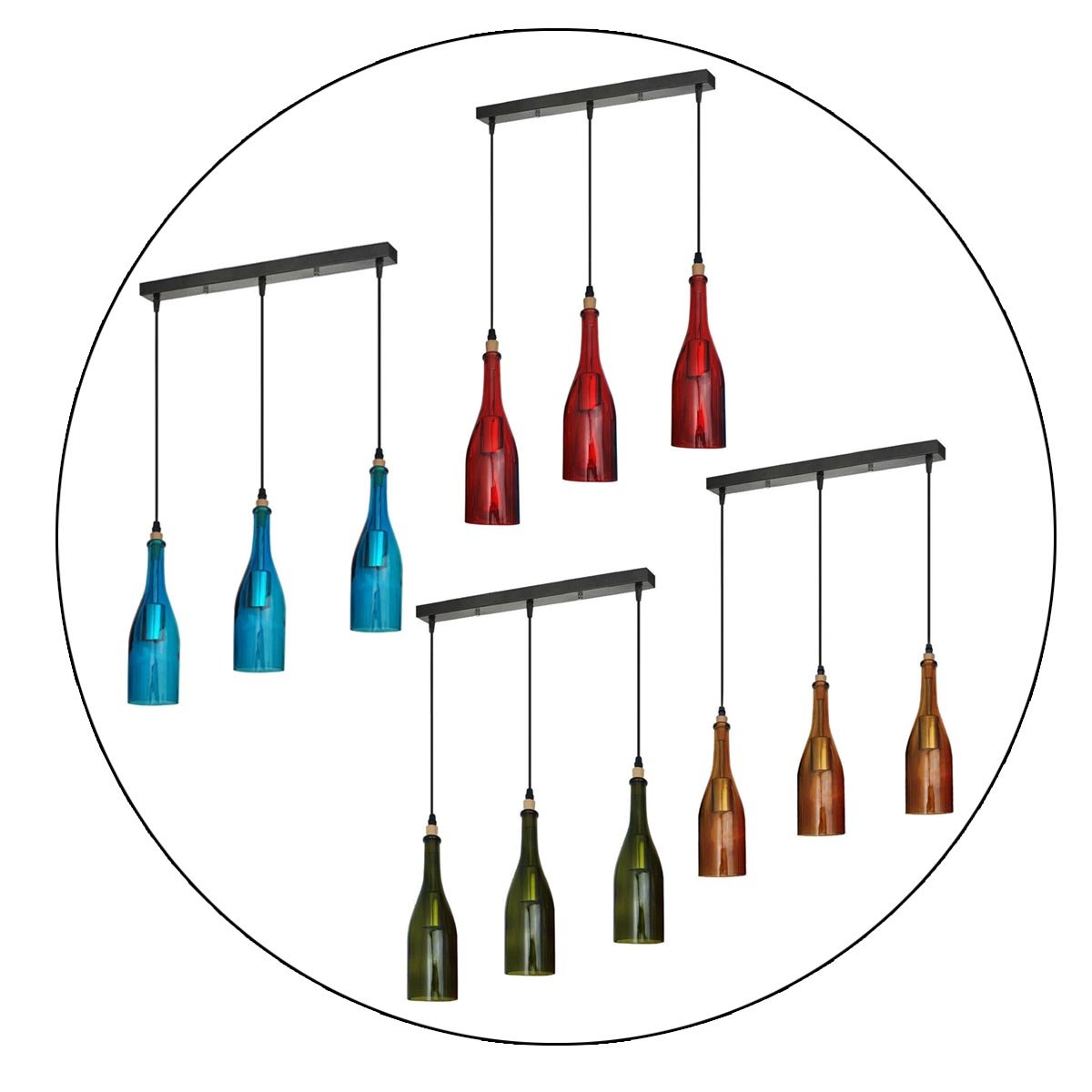 Industrial 3 or 5 Wine Bottle Cord Ceiling Hanging Pendant Light~2130