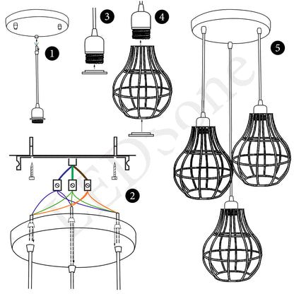  Black 3way Vintage Modern Industrial Wire Cage Pendant Light- Structure Image