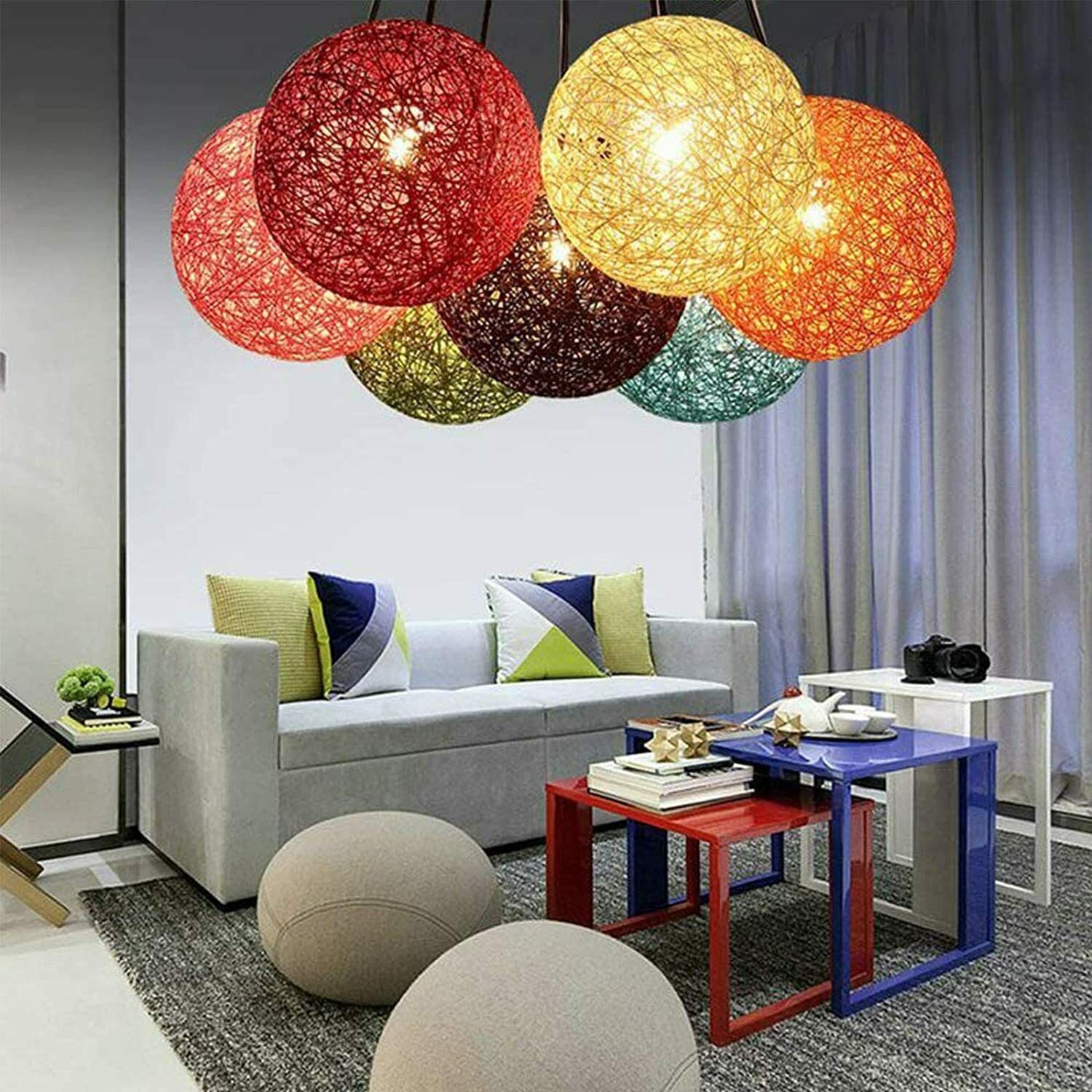 Modern Rattan Wicker Woven Ball Globe Two Outlet Pendant Light-Application Image